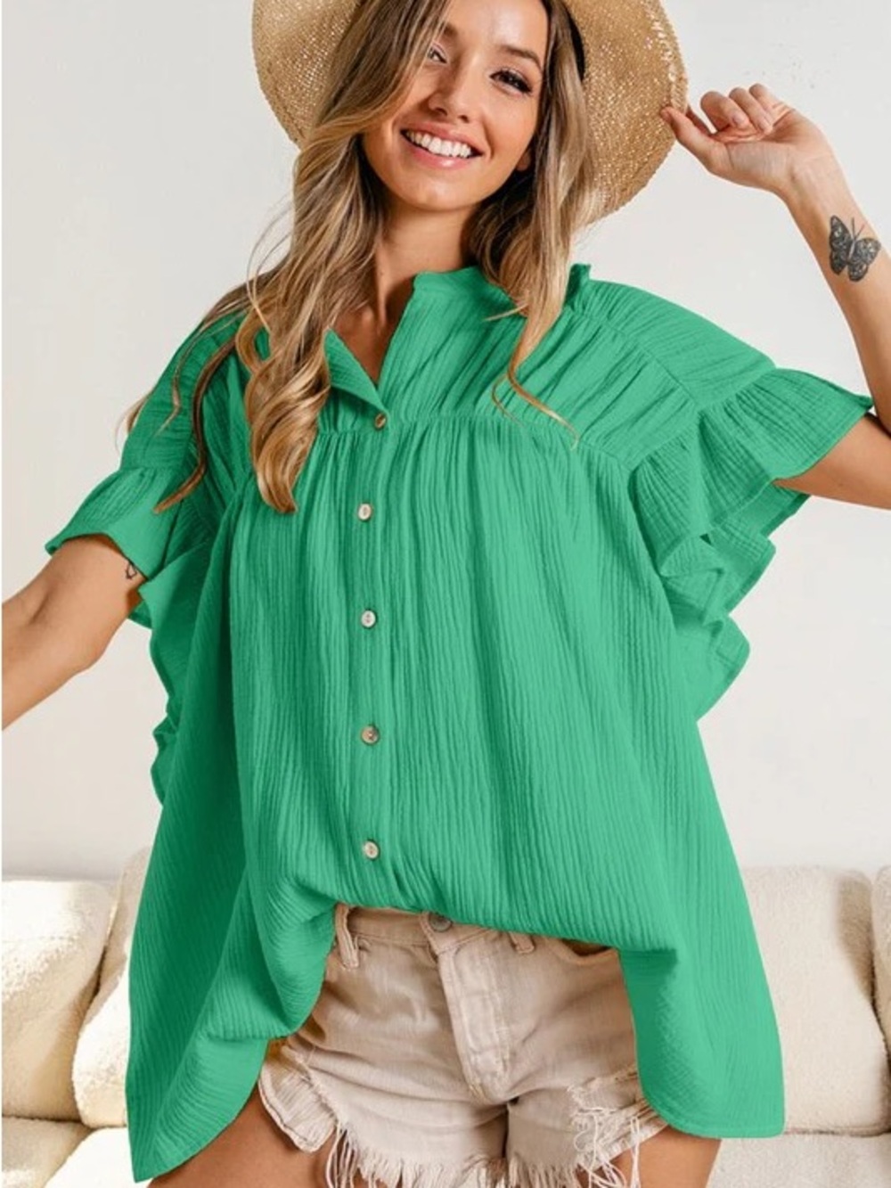 Jade Green Gauze Button Front Top